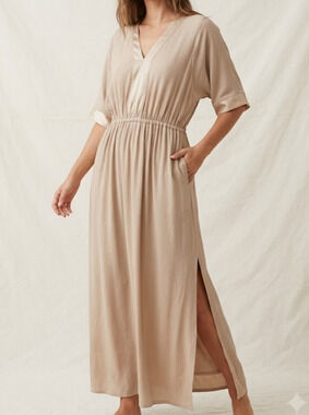 NOMAD The Label L Dress Beige NWT Lyocell Rayon Crepe Maxi Boho Beach Resort